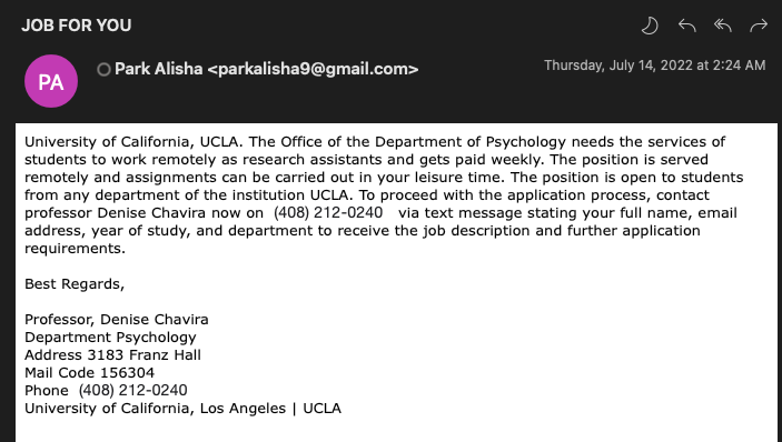 Department of Psychology Job Scam