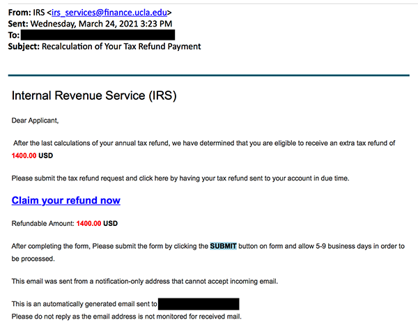 Recalculation of your Tax Refund Payment Phish