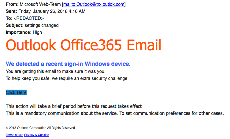 Microsoft Phishing Email Example