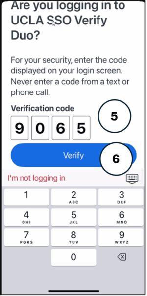 UCLA SSO Duo Mobile verify screen with code.