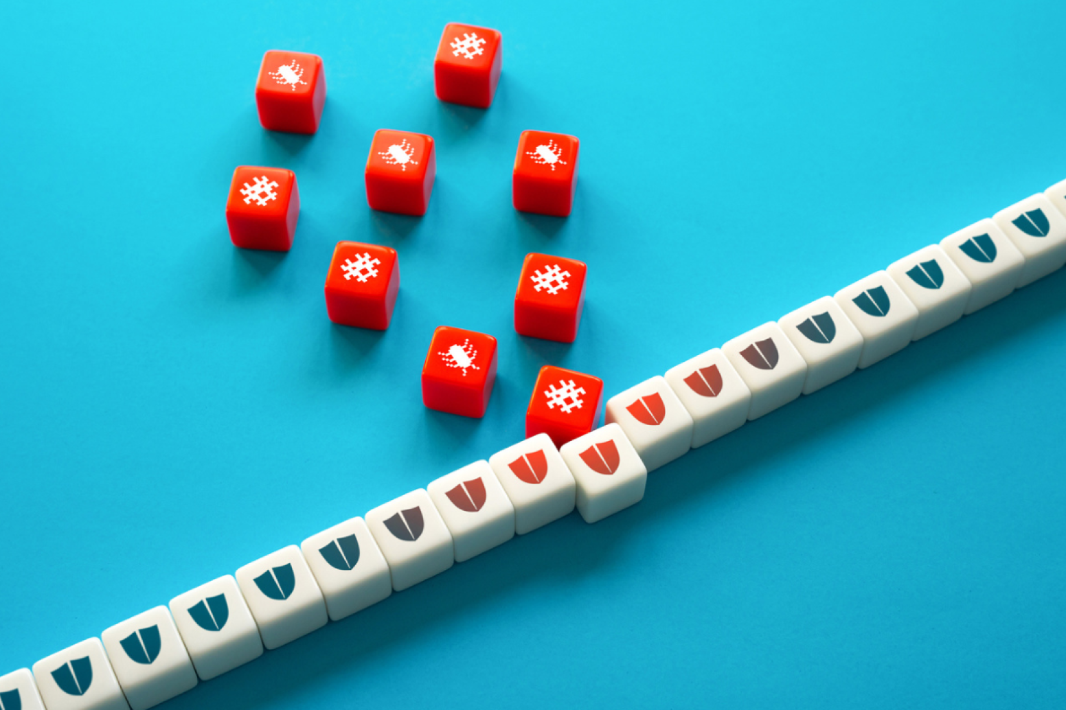 Bug symbols attacking a line of shield symbols