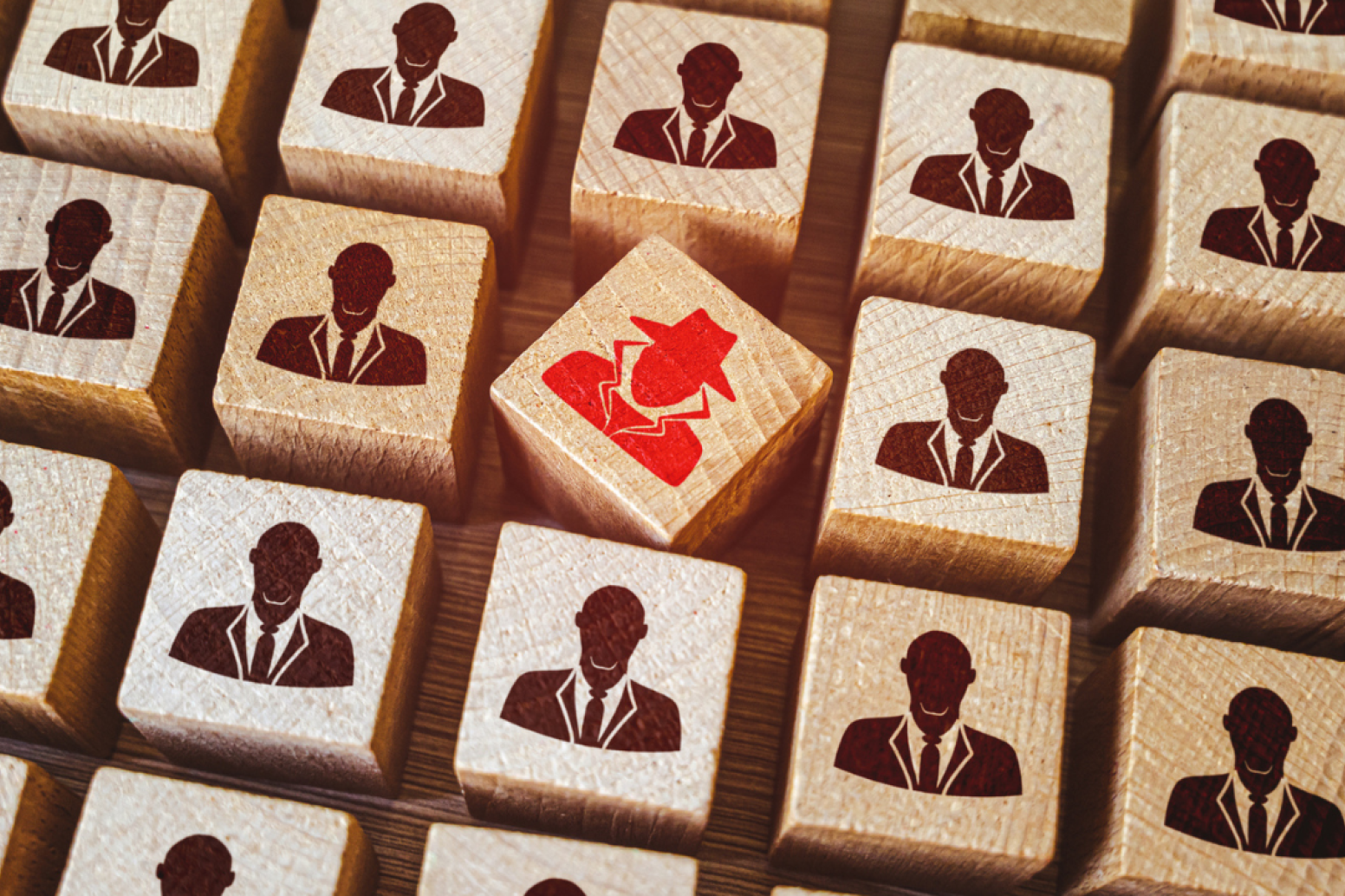 Rows of employee icons with a red imposter employee icon in the midst